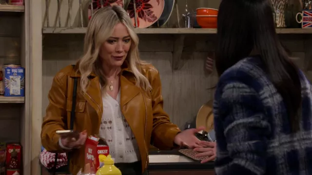 Brown zip leather jacket worn by Sophie (Hilary Duff) as seen in How I Met Your Father (S02E15)