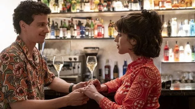 The red patterned vest worn by Lucia Greco (Simona Tabasco) in the TV series The White Lotus (Season 2 Episode 7)