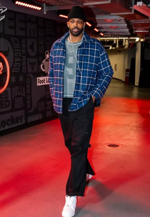 Balenciaga Navy Blue Check Padded Overshirt worn by Tristan Thompson on the Instagram account @cavs