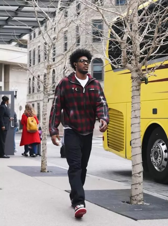 Thug Club Red Flannel Sword Prints Hooded Jacket worn by Scoot Henderson on the Instagram account @trailblazers