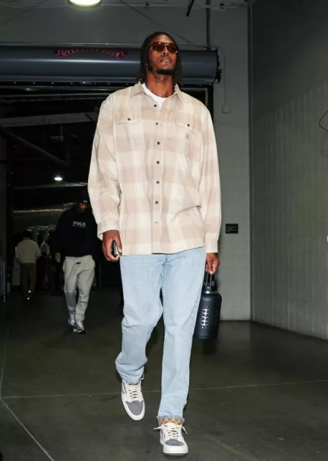 Gucci Light Wash Blue GG-Lined Jeans worn by Myles Turner on the Instagram account @pacers