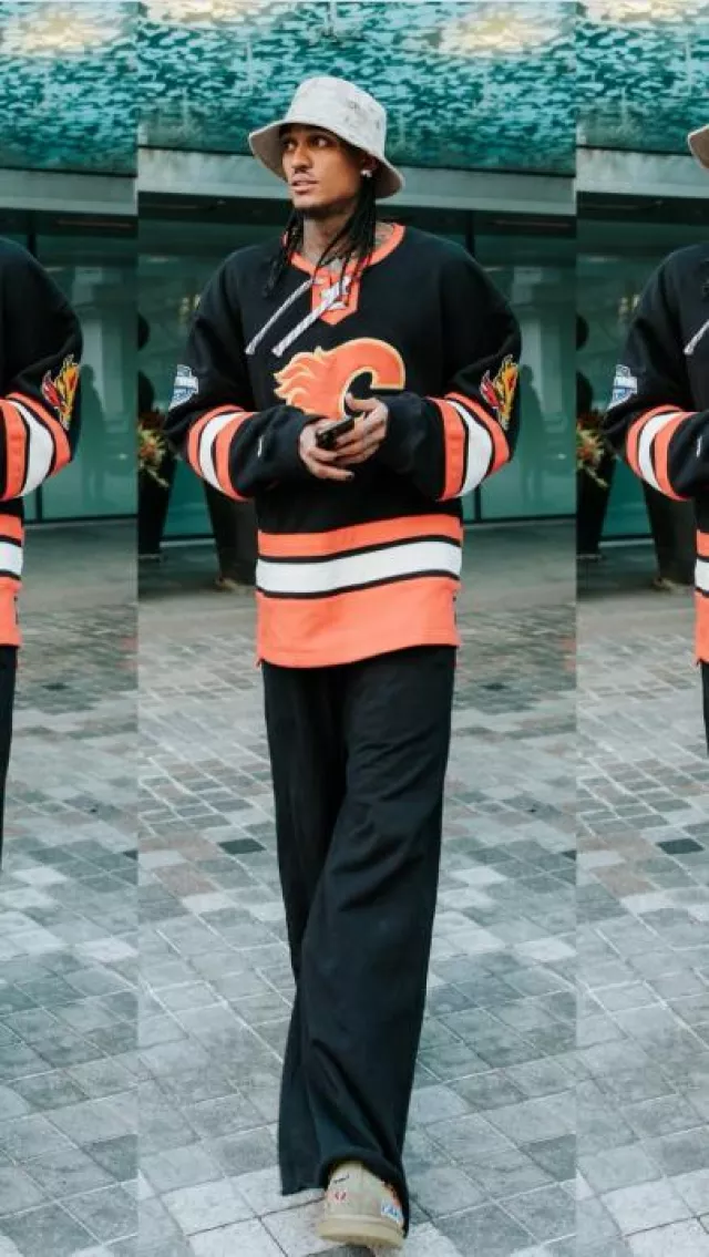 Mitchell & Ness Calgary Flames Black Jersey Sweatshirt worn by Jordan Clarkson on the Instagram account @utahjazz