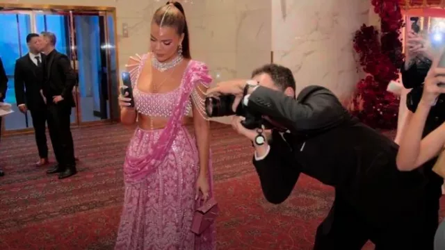 Manish Malhotra Rose Pink Chiffon Stitched Saree Set worn by Khloé Kardashian as seen in The Kardashians (S06E06)