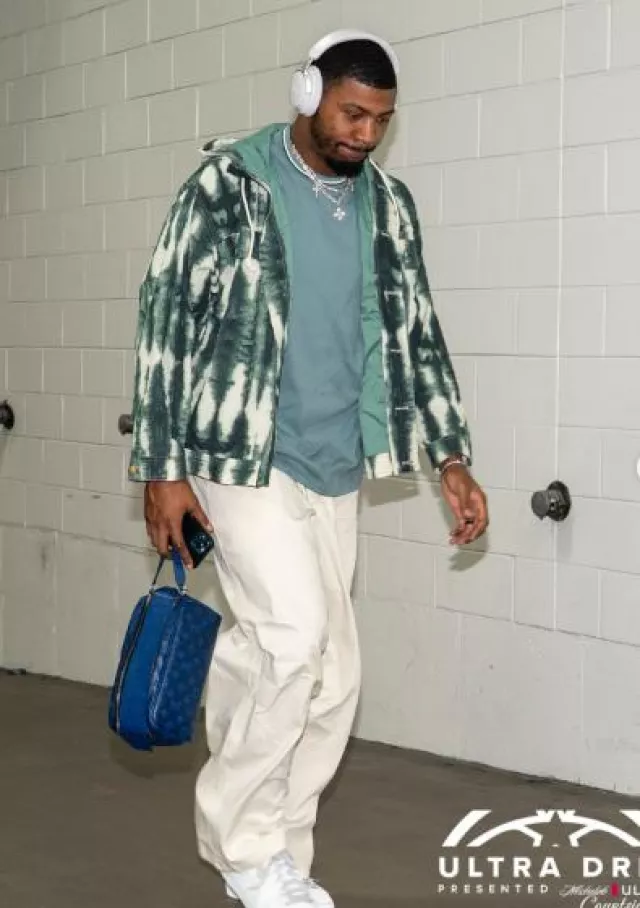 Puma Green Moon Tie-Dye Seersucker Jacket worn by Marcus Smart on the Instagram account @washwizards