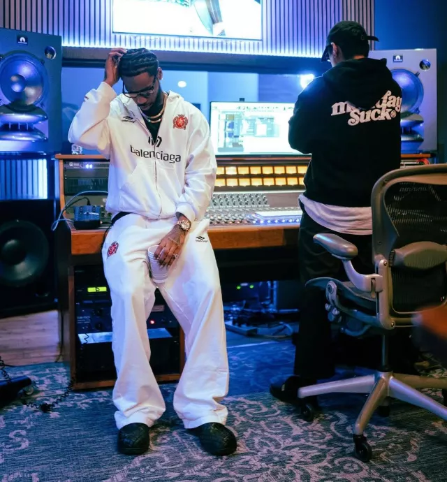 Balenciaga White Soccer Logo Trackpants worn by Key Glock on the Instagram account @keyglock
