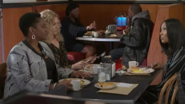 Kasper Metallic Leaf Jacquard Open-Front Longline Blazer worn by Mona Wilson (Karan Kendrick) as seen in Beyond the Gates (S01E08)