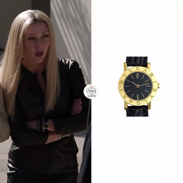 BVLGARI Montre en or jaune 18 carats et bracelet en cuir noir/26 mm portée par Prue Halliwell (Shannen Doherty) sur Charmed (S02E02)