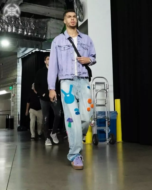 Drew House x SSENSE Purple Denim Jacket DRSS22241 worn by Michael Porter Jr. on the Instagram account @nuggets