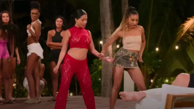 Pretty Little Thing Red Sheer Lace High Neck Sleeveless Top worn by Melissa Flores as seen in Temptation Island(S06E02)