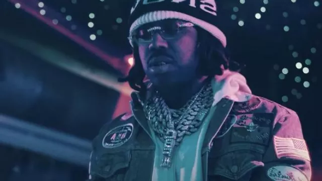 Better With Age Blue Denim Allover Patches 'Gentlemans' Jacket worn by EST Gee in EST Gee - Plug Motivation (Official Video)