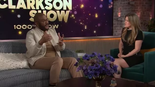 Nadine Merabi Simone Embellished Trim Shimmer Tweed Minidress worn by Kelly Clarkson as seen in The Kelly Clarkson Show on March 20, 2025