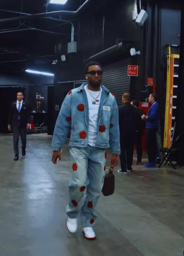 Ryoko Rain Blue Denim Rose Patch Jacket worn by Donovan Mitchell on the Instagram account @cavs