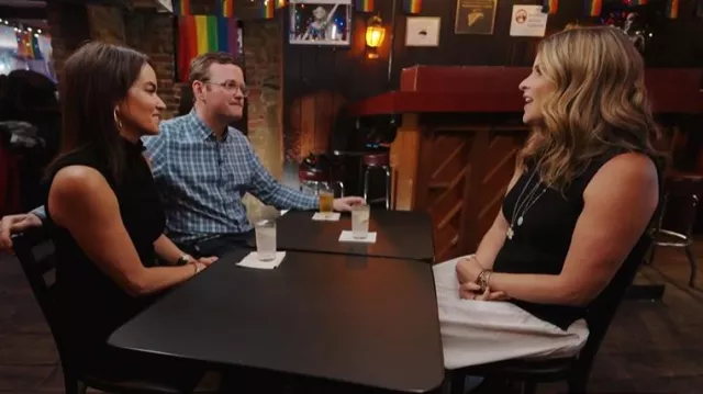 English Factory Mixed Media Colorblock Sleeveless Midi Dress worn by Jenna Bush Hager as seen in Today on March 27, 2025
