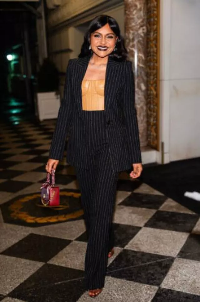 Sergio Hudson Pinstripe Stretch Suiting Pants worn by Mindy Kaling in Conversation with Versha Sharma at 92Ny on March 5, 2025