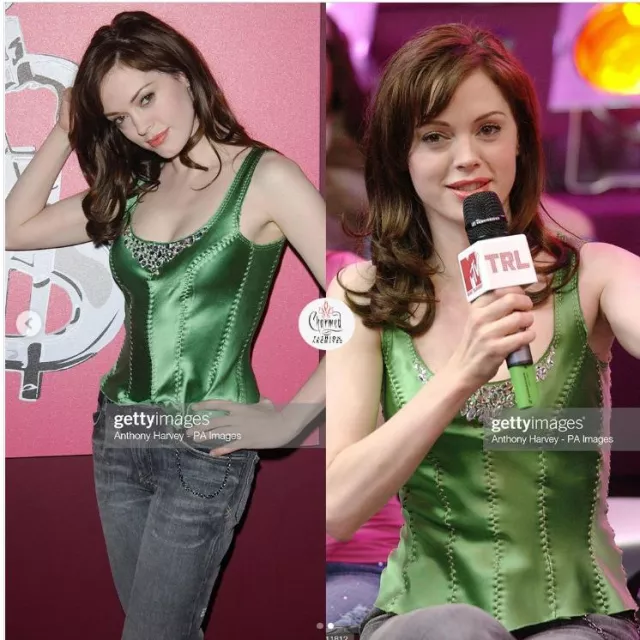 Haut en soie à encolure dégagée Jane Laug utilisé par Rose McGowan sur le compte Instagram @charmedarchives