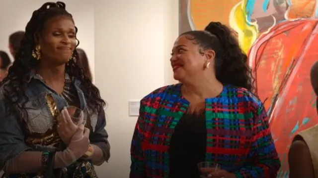 Vintage Tachi Castillo Satin Silky Ribbon Jacket Blazer worn by Mavis Beaumont (Michelle Buteau) as seen in Survival of the Thickest (S02E07)