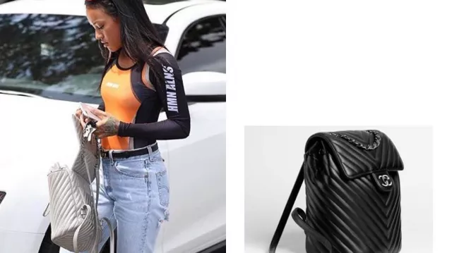 Chanel Silver Caviar Backpack in Karrueche Tran stops by Kate Somerville Spa Before Dinner At Il Pastaio In Beverly Hills Youtube video 9.15.17