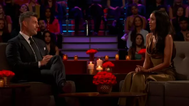 Mirror Palais Plunging Back Cowl Dress In Olive worn by Litia Garr as seen in The Bachelor (S29E09)