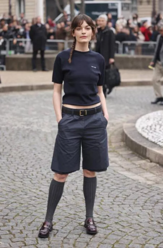 Miu Miu Raw-Hem Bermuda Shorts worn by Emma Mackey at Miu Miu Show on March 11, 2025