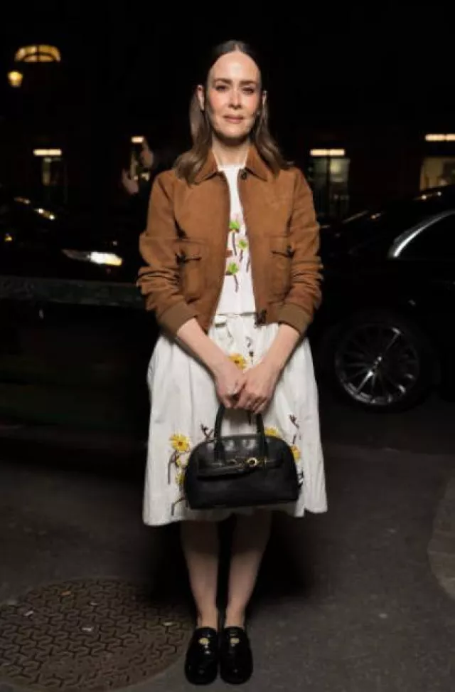 Miu Miu Embroidered Poplin Dress worn by Sarah Paulson at Miu Miu Dinner on March 11, 2025