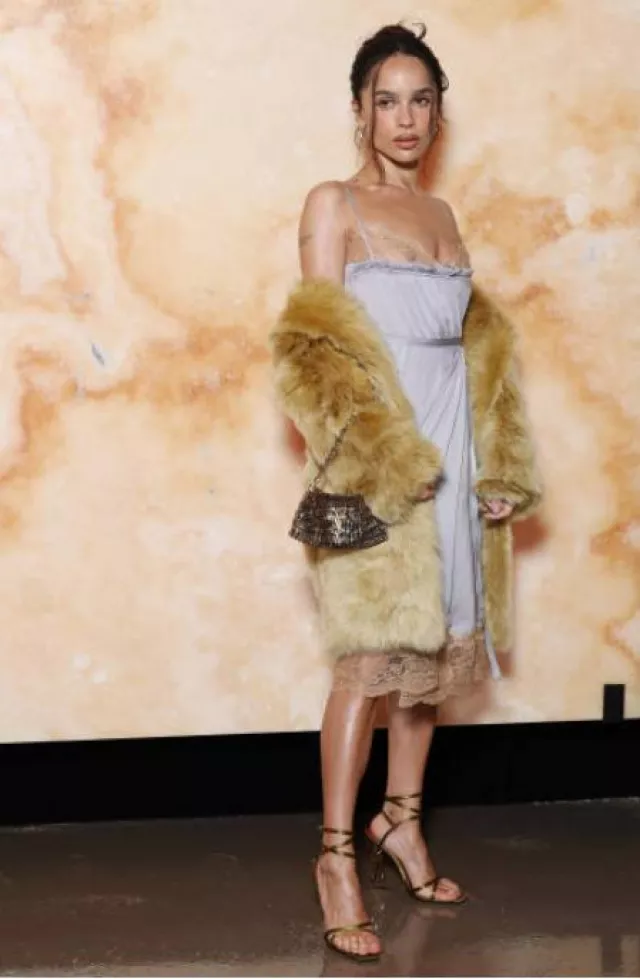 Saint Laurent Lace-Detailing Midi Dress in Blue worn by Zoe Kravitz at Saint Laurent Show on March 11, 2025