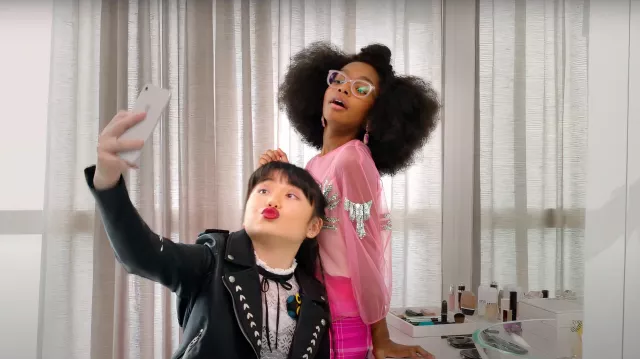 Blankk NYC Faux-Leather Moto Jacket worn by Raina (Thalia Tran) in Little