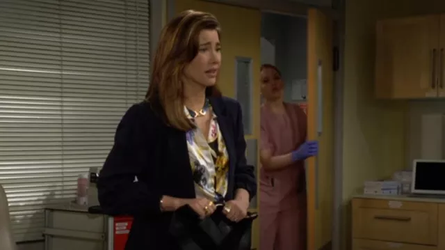 L'Agence Tyler Blouse in White, Black, & Renaissance worn by Steffy Forrester (Jacqueline MacInnes Wood) as seen in The Bold and the Beautiful on March 31, 2025
