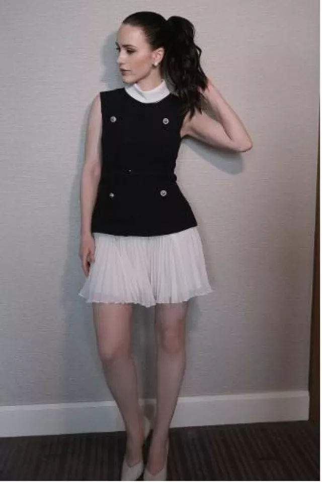 Self Portrait Navy Boucle and Chiffon Mini Dress worn by Rachel Brosnahan at The Amateur Tokyo Press on April 8, 2025