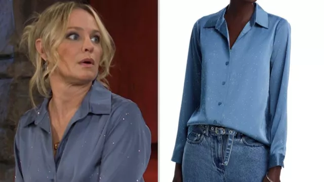 Blue Rhinestone Embellished Shirt of (Sharon Newman) in The Young and the Restless (S52E125)