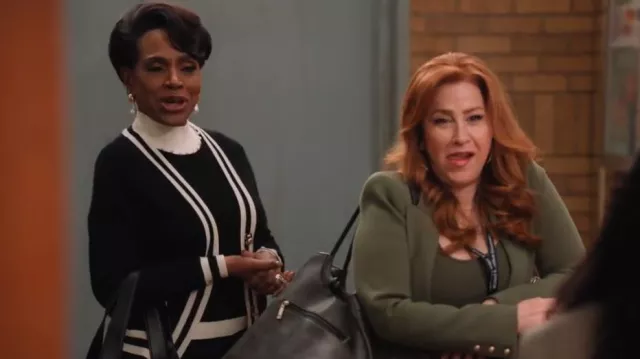 Aqua Stripe Trim Novelty Button Cashmere Cardigan worn by Barbara Howard (Sheryl Lee Ralph) as seen in Abbott Elementary (S04E21)