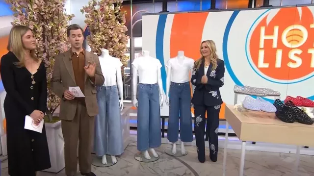 Cinq a Sept Cheyenne Rose Embellished Denim Blazer worn by Chassie Post as seen in Today with Jenna & Friends on April 10, 2025