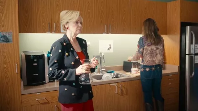 Cinq A Sept Black Floral Beaded Blazer worn by Deborah Vance (Jean Smart) as seen in Hacks (S04E02)