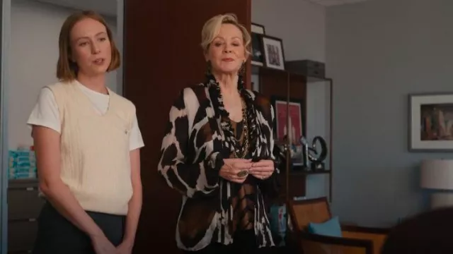 Roberto Cavalli Sheer Silk Animal Print Ruffle Blouse worn by Deborah Vance (Jean Smart) as seen in Hacks (S04E03)