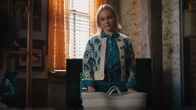 Maeve Graphic Intarsia Cardigan Sweater worn by Alice (AnnaSophia Robb) as seen in Grosse Pointe Garden Society (S01E10)