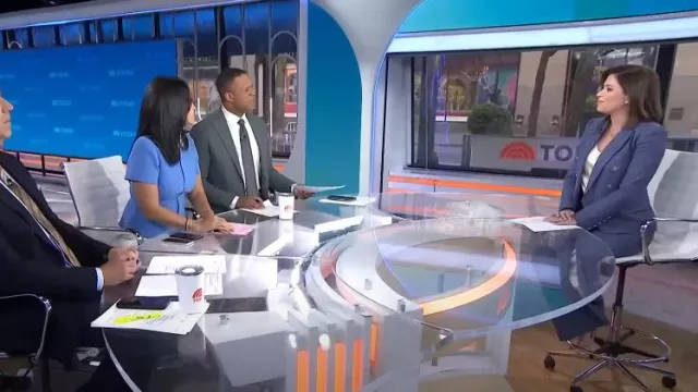 L’Agence Livvy Pantalon à fines rayures porté par Chloe Melas comme on le voit dans Today le 28 avril 2025