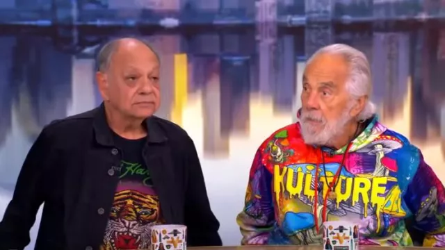 Just Go Suck It Printed Mushroom Kulture Hoodie worn by Tommy Chong as seen in The View on  April 24, 2025