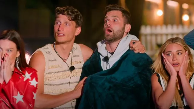 Tory Burch Large Cream Striped V-Neck Sweater Vest W/Fringe Boho Hippie Trendy worn by Lorenzo Nobilio as seen in Battle Camp (S01E05)