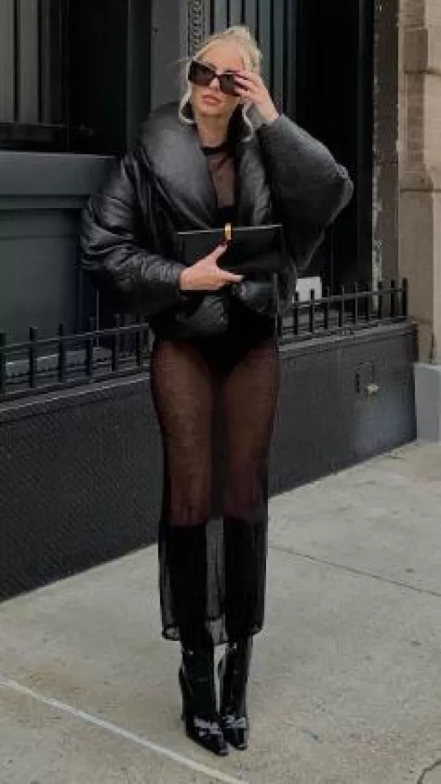 Saint Laurent Cassandre Puffer Jacket in Lambskin worn by Leonie Hanne on her Instagram on February 16, 2024