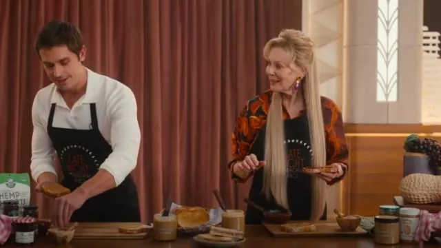 Roberto Cavalli Rose And Python-Print Silk Shirt worn by Deborah Vance (Jean Smart) as seen in Hacks (S04E05)