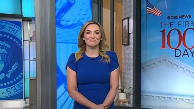Calvin Klein Tulip Sleeve Sheath Dress worn by Kelly O'Grady as seen in CBS Mornings on April 28, 2025