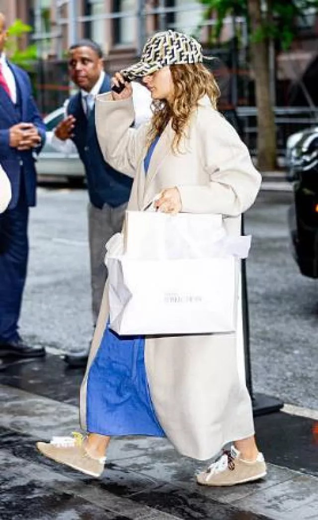 Miu Miu Desert Beige Plume Suede Sneakers worn by Joey King in  New York City on May 4, 2025
