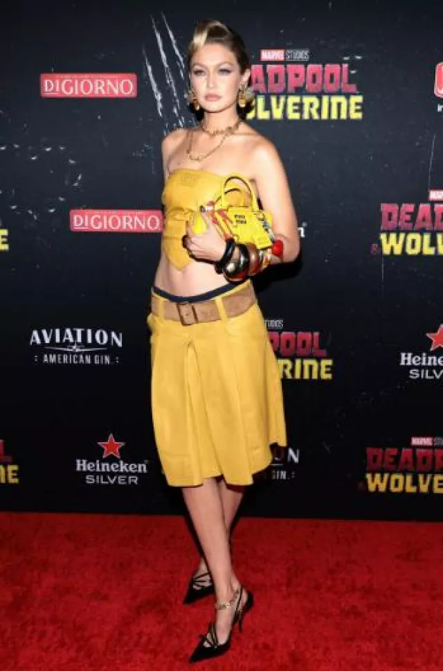 Miu Miu Logo Embroidered Bikini Bottoms worn by Jelena Noura "Gigi" Hadid at Deadpool & Wolverine New York Premiere on July 22, 2024