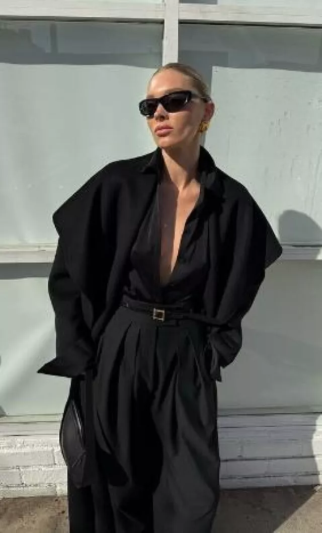 Helsa the Throw Coat in Black worn by Elsa Hosk on her Instagram on May 7, 2025