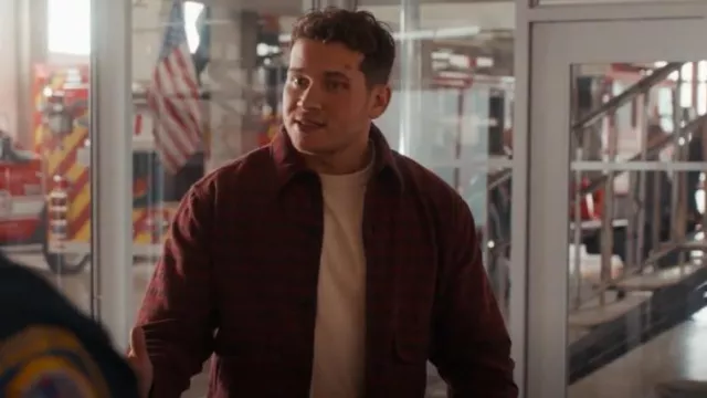 Chaqueta camisera de algodón-franela a cuadros RRL Highway usada por Evan Buckley (Oliver Stark) como se ve en 9-1-1 (S08E11)