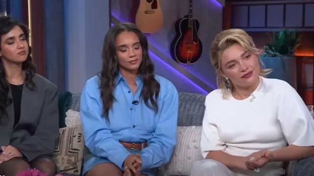 Toteme Sculptural Crewneck Combo Maxi Dress worn by Florence Pugh as seen in The Kelly Clarkson Show on May 5, 2025