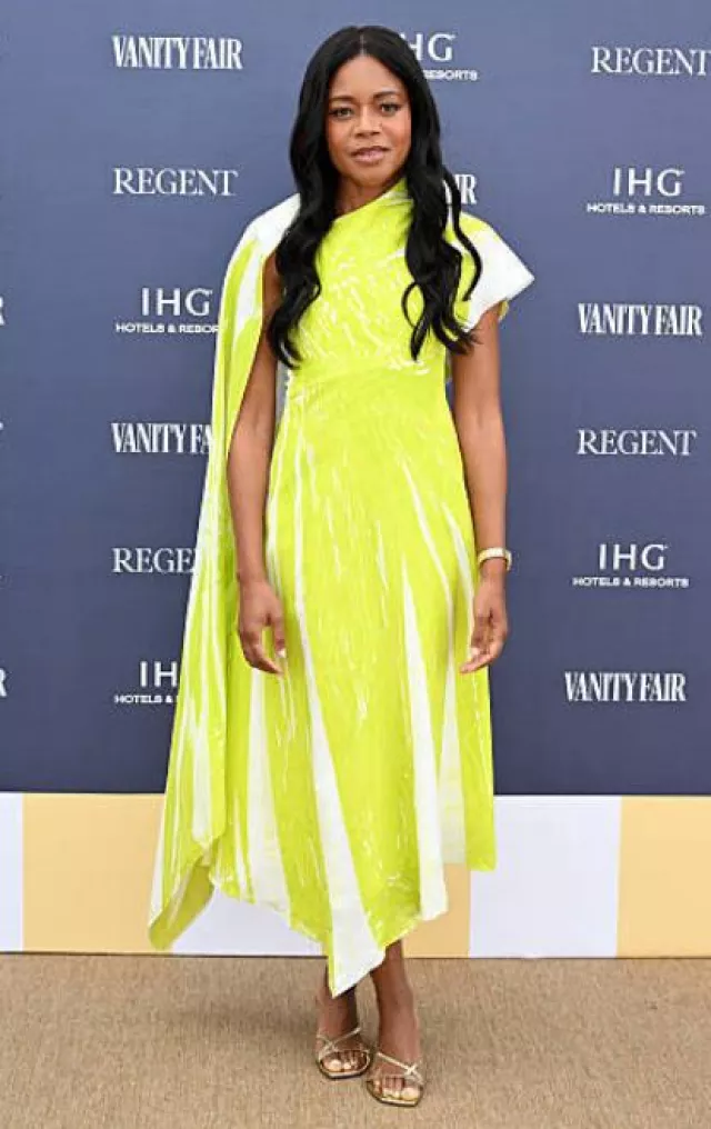 Roksanda Pascale Cape-Effect Printed Taffeta Midi Dress worn by Naomie Harris at Vanity Fair Lunch on May 13, 2025