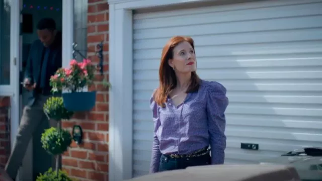 Hush Purple Floral V Neck Blouse worn by Sonia Spence (Amy Nuttall) as seen in The Feud (S01E01)