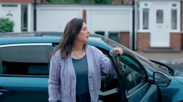 The Kooples V-Neck Cable-Weave Knitted Cardigan worn by Emma Barnett (Jill Halfpenny) as seen in The Feud (S01E06)
