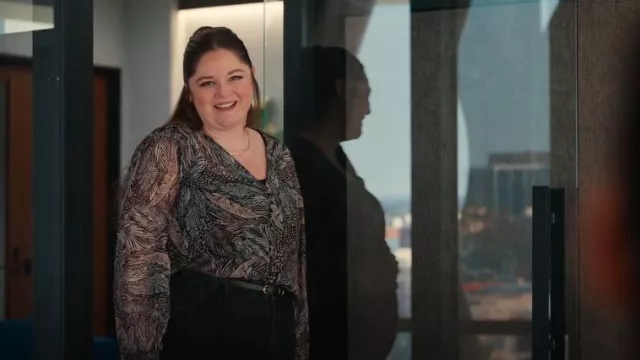 Aqua Metallic Leaf Puff Sleeve Blouse worn by Kayla (Megan Stalter) as seen in Hacks (S04E08)