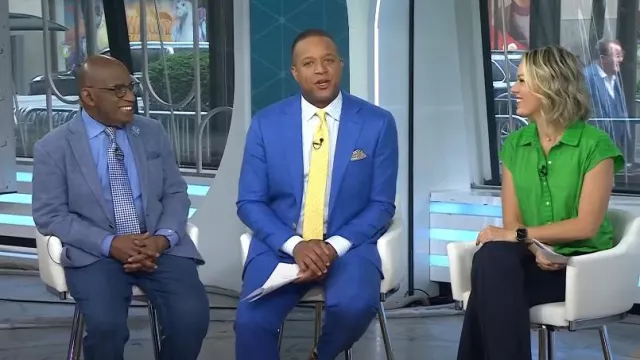Loft Dobby Stripe Modern Tie Front Mixed Media Top worn by Dylan Dreyer as seen in Today on May 29, 2025